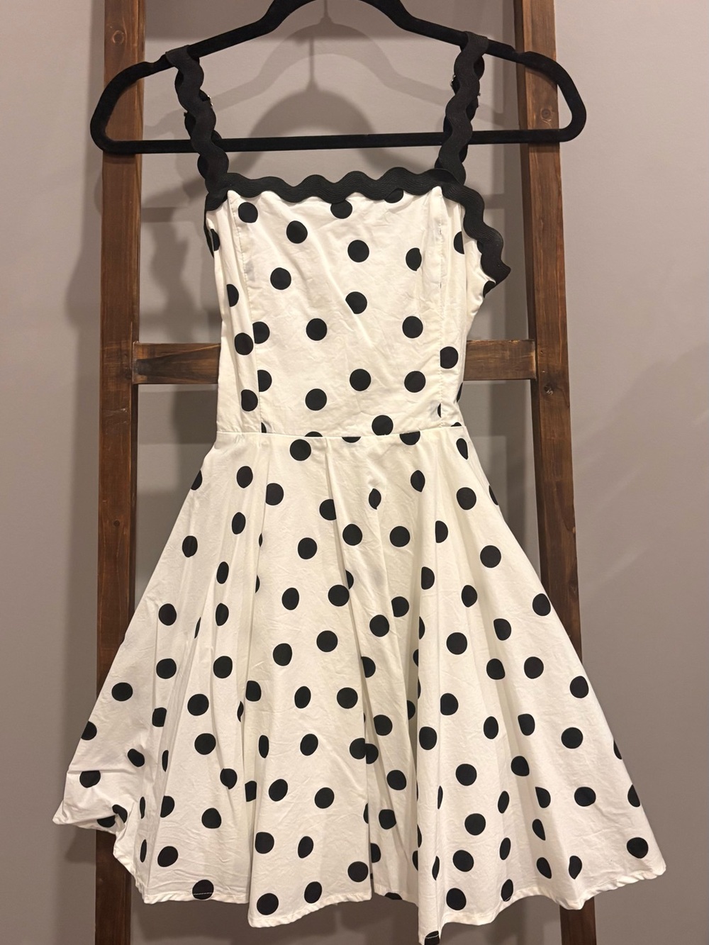 White and Black Polka Dot Dress with Scalloped Straps
